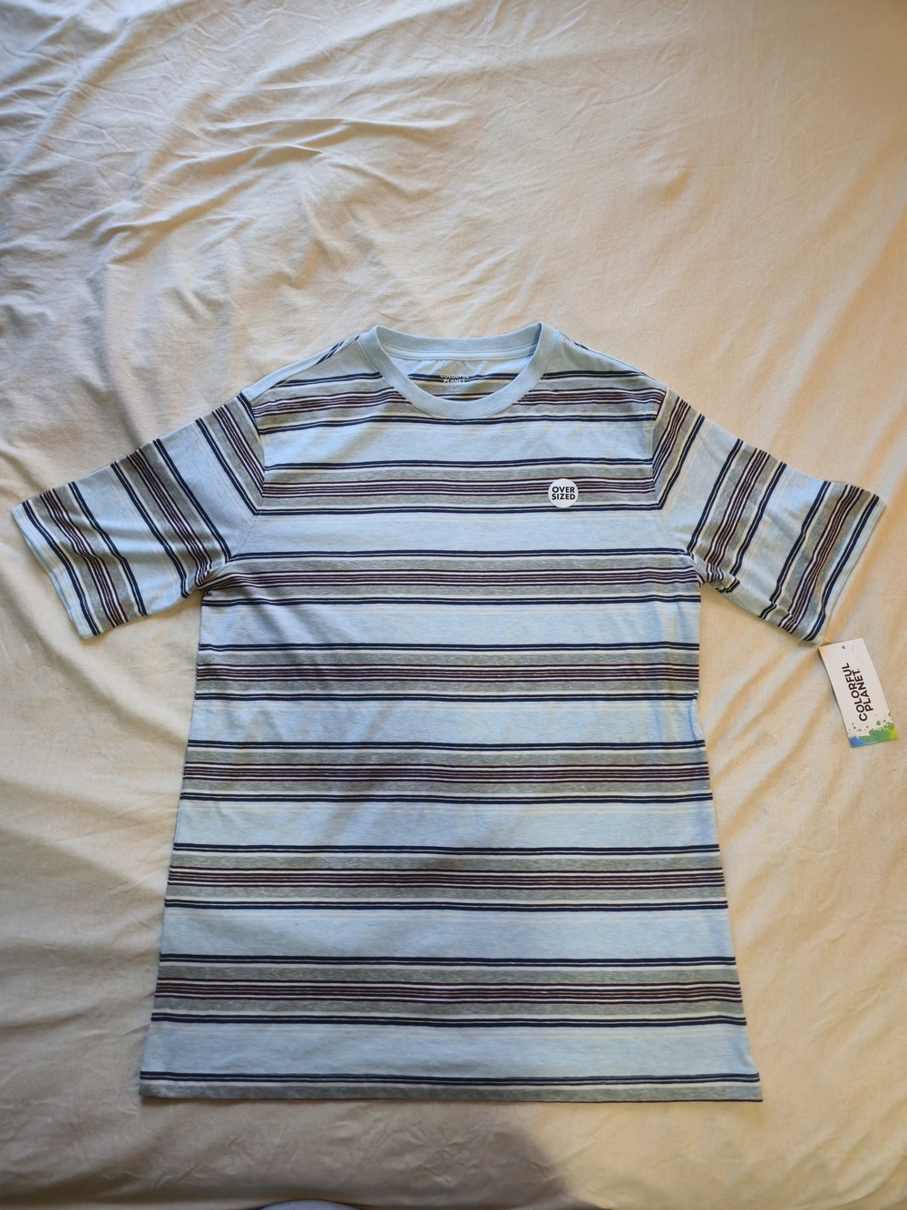 Light Blue Colorful Planet Striped Short Sleeve Tee with Navy Accents